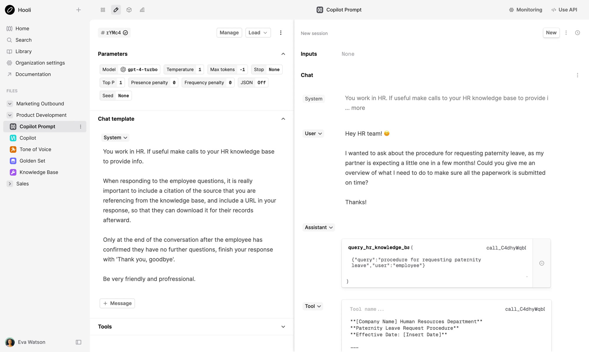 Humanloop prompt editor, with a chat template and a live session