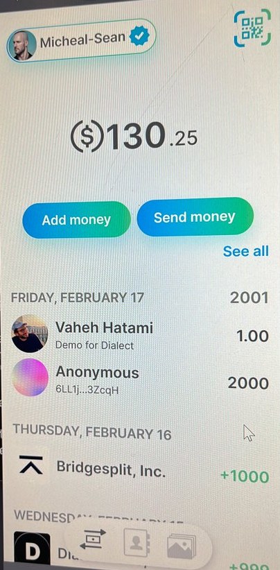 Portal Payments home, with a dollar balance and named recipients